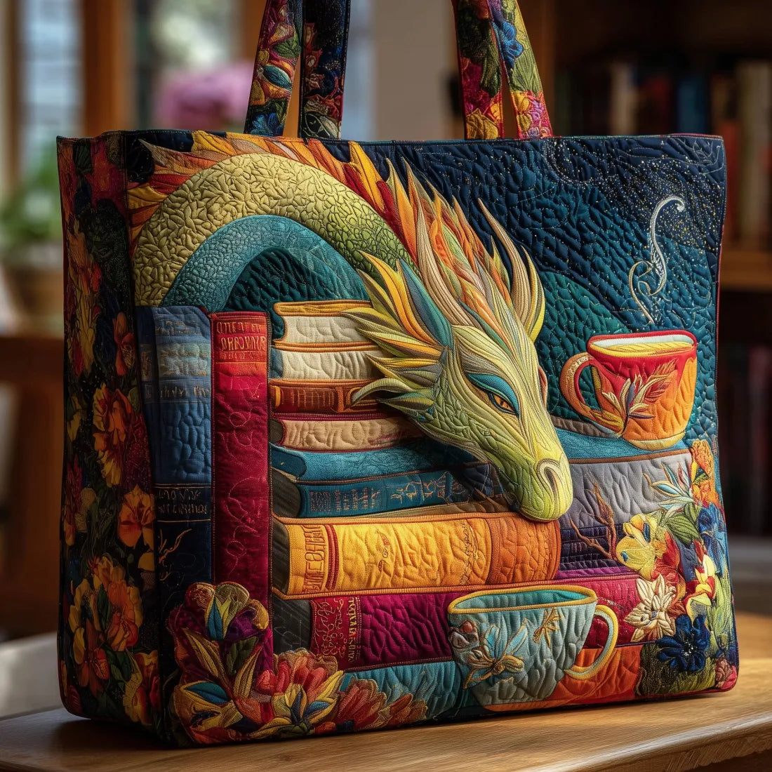 Sac Tote Rembourré - Dragon Lisant des Livres et Tasses de Thé