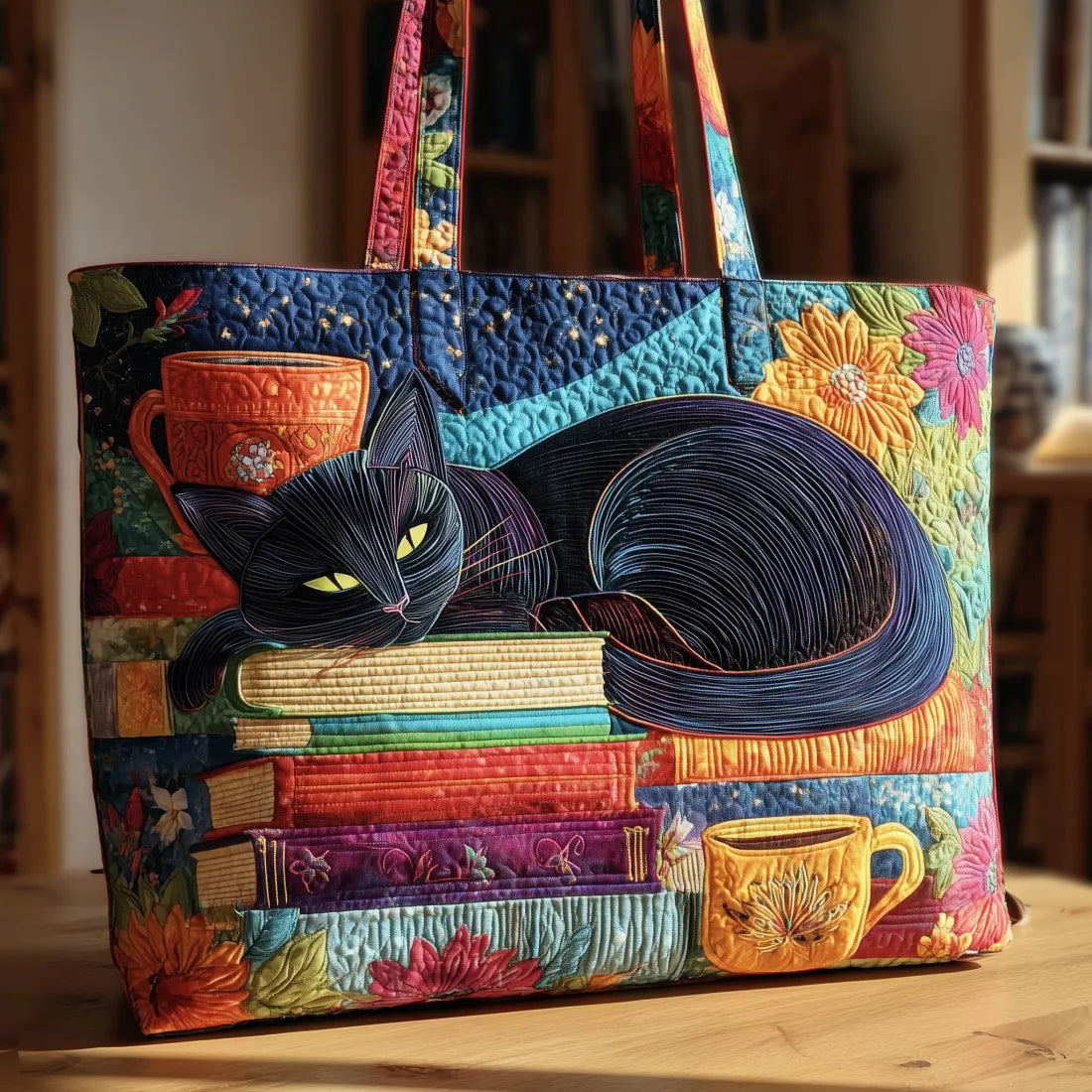 Sac Padded Tote - Chat Noir avec Livres et Tasses de Thé