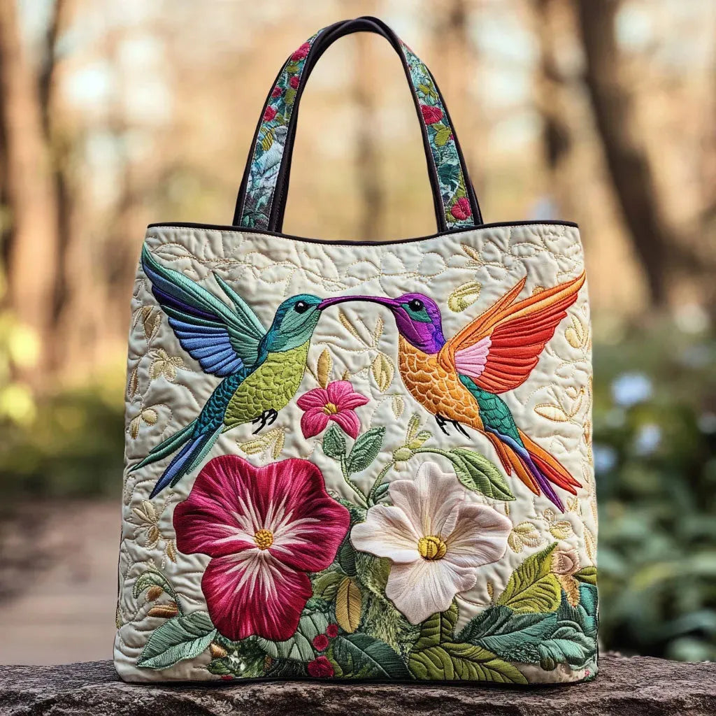 Sac Tote Rembourré - Colibri et Fleurs Blanches