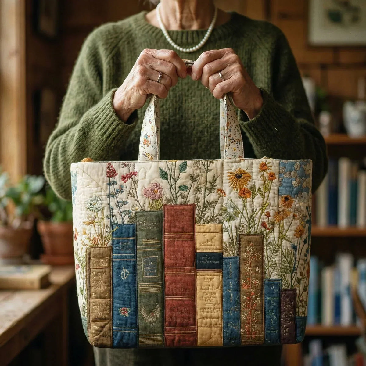 Sac Tote Rembourré - Livres et Fleurs
