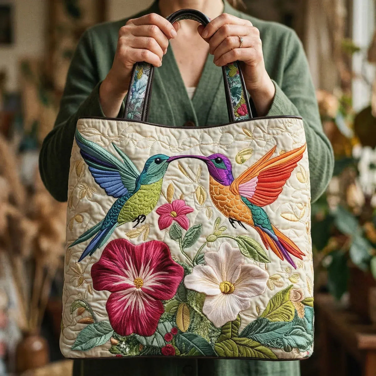 Sac Tote Rembourré - Colibri et Fleurs Blanches