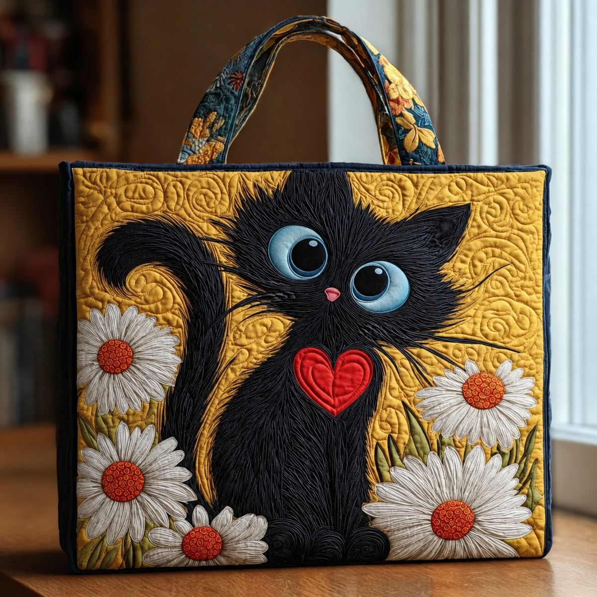 Sac Padded Tote - Chat Noir avec Marguerites