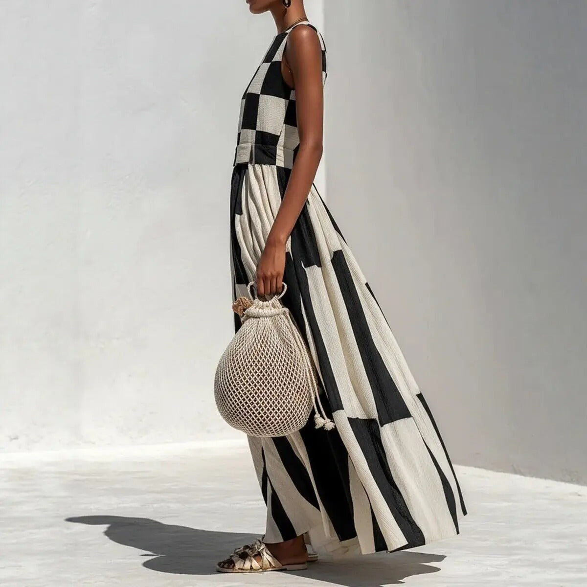 Cléophée™ | Robe Maxi Géométrique en Blanc et Noir