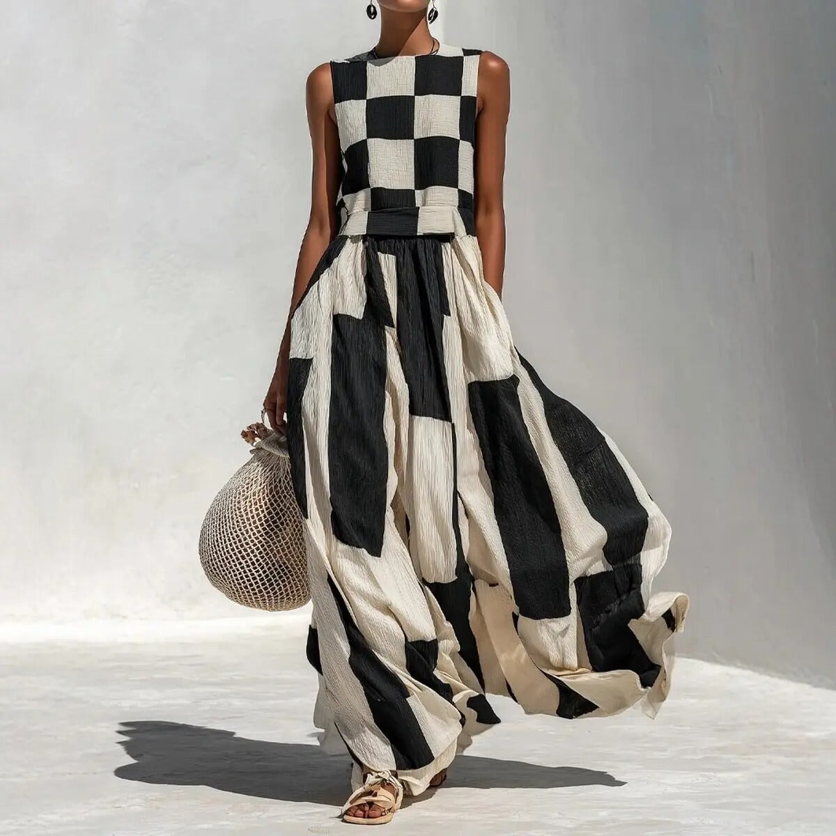 Cléophée™ | Robe Maxi Géométrique en Blanc et Noir